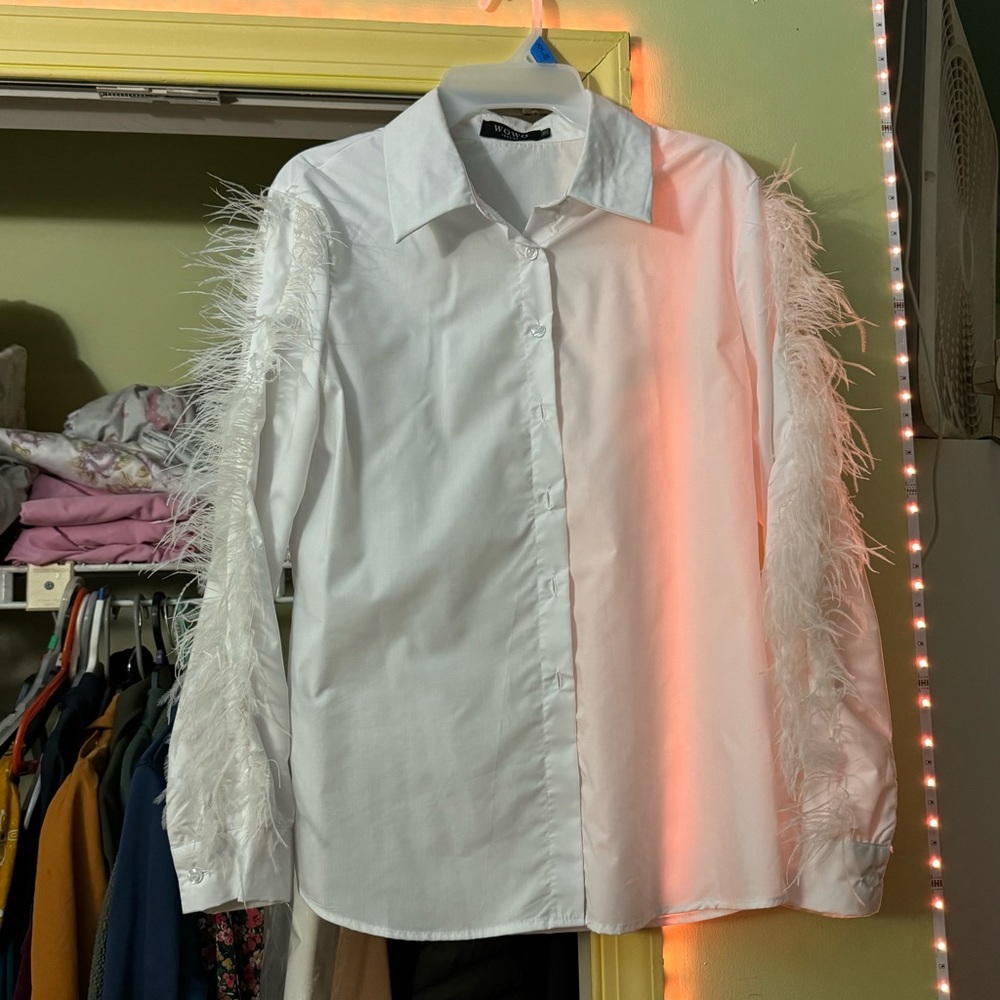 white feathered button up